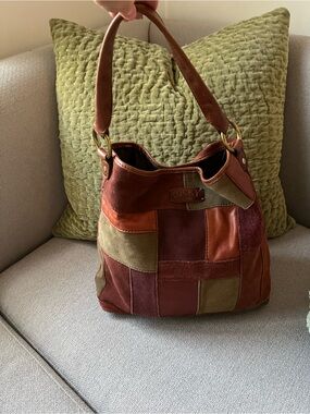Vintage Leather Suede Lucky Brand Patchwork Shoulder Bag in Brown and Olive